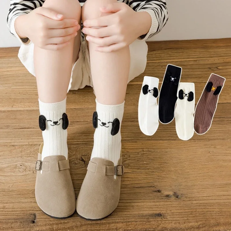 4 Pair 1-12 Years Autumn Children Socks Cute Cartoon Embroider Dog Girls Boys Toddler Knitted Socks Cotton School Sports Socks