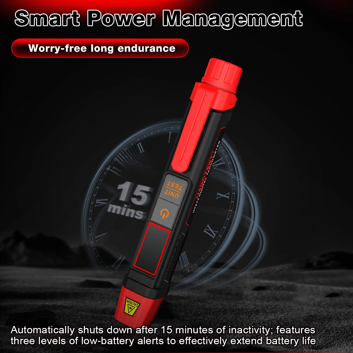 HT673 Stiftförmiger Laser-Tachometer Berührungsloser Drehzahlmesser 10-99999 U/min Dualer RPM- und Zählermodus 0,1 U/min Auflösung Digitaler Geschwindigkeitsmesser – Detail 12