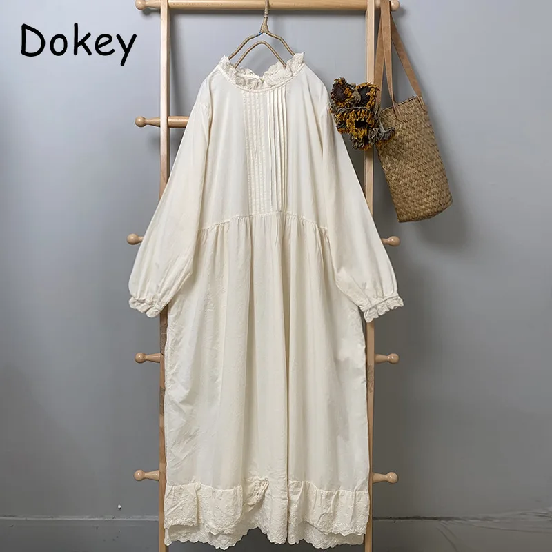 Women\'s Japanese Mori White Cotton Linen Midi Dress Casual O Neck Long Sleeve Pullover Dresses, Retro Pleated Loose Robe, Spring