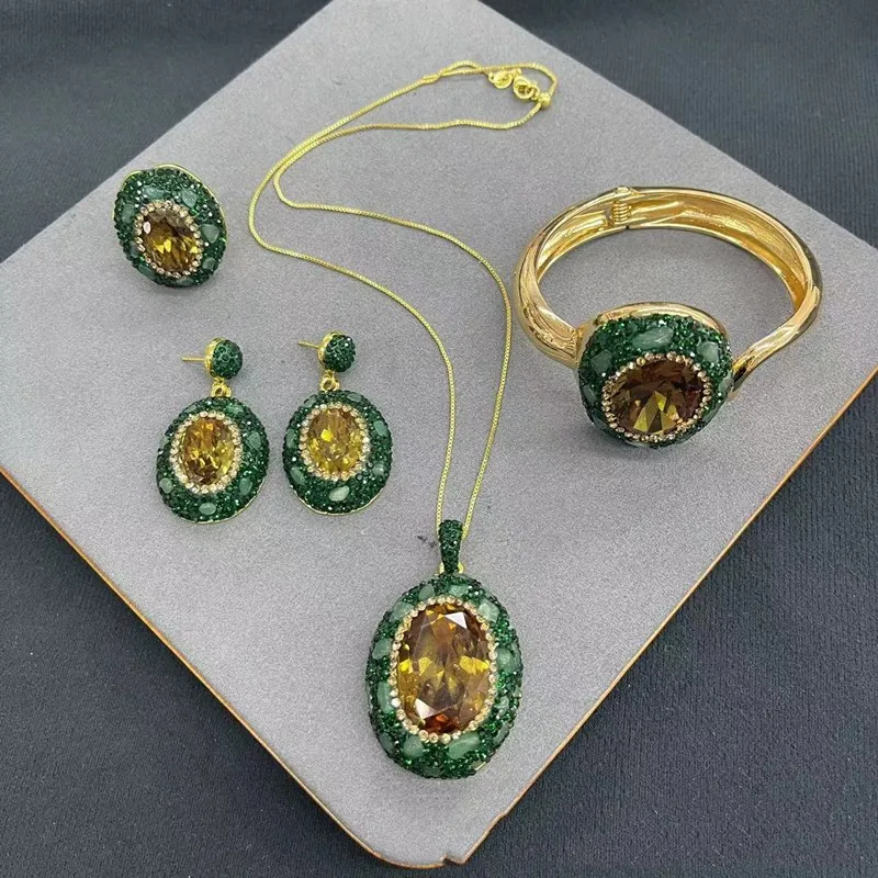 

one set green jade baroqie and zircon green RING/bracelet/pendant necklace earrings