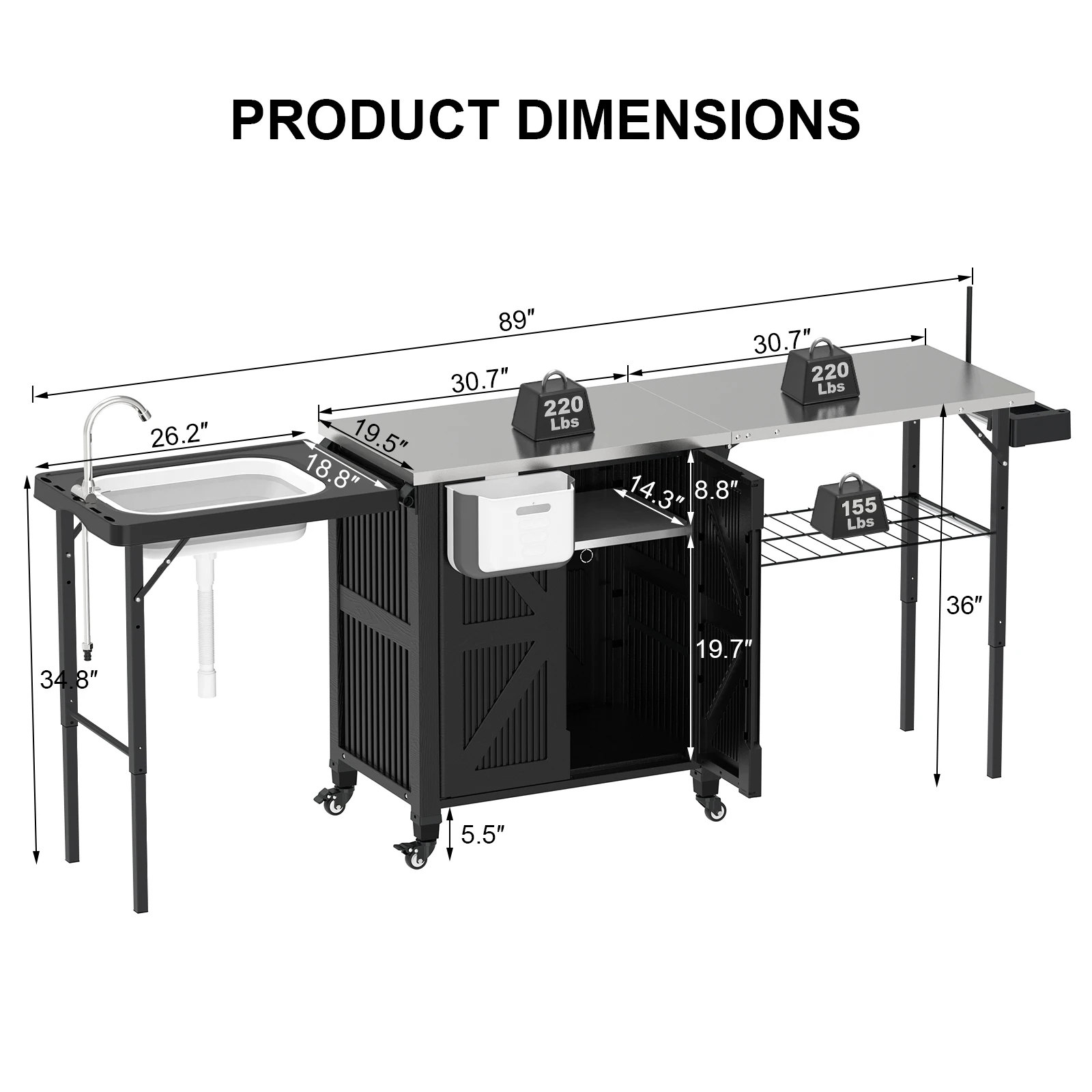 89 Inch Outdoor Grill Cart with Dual Stainless Steel Tops