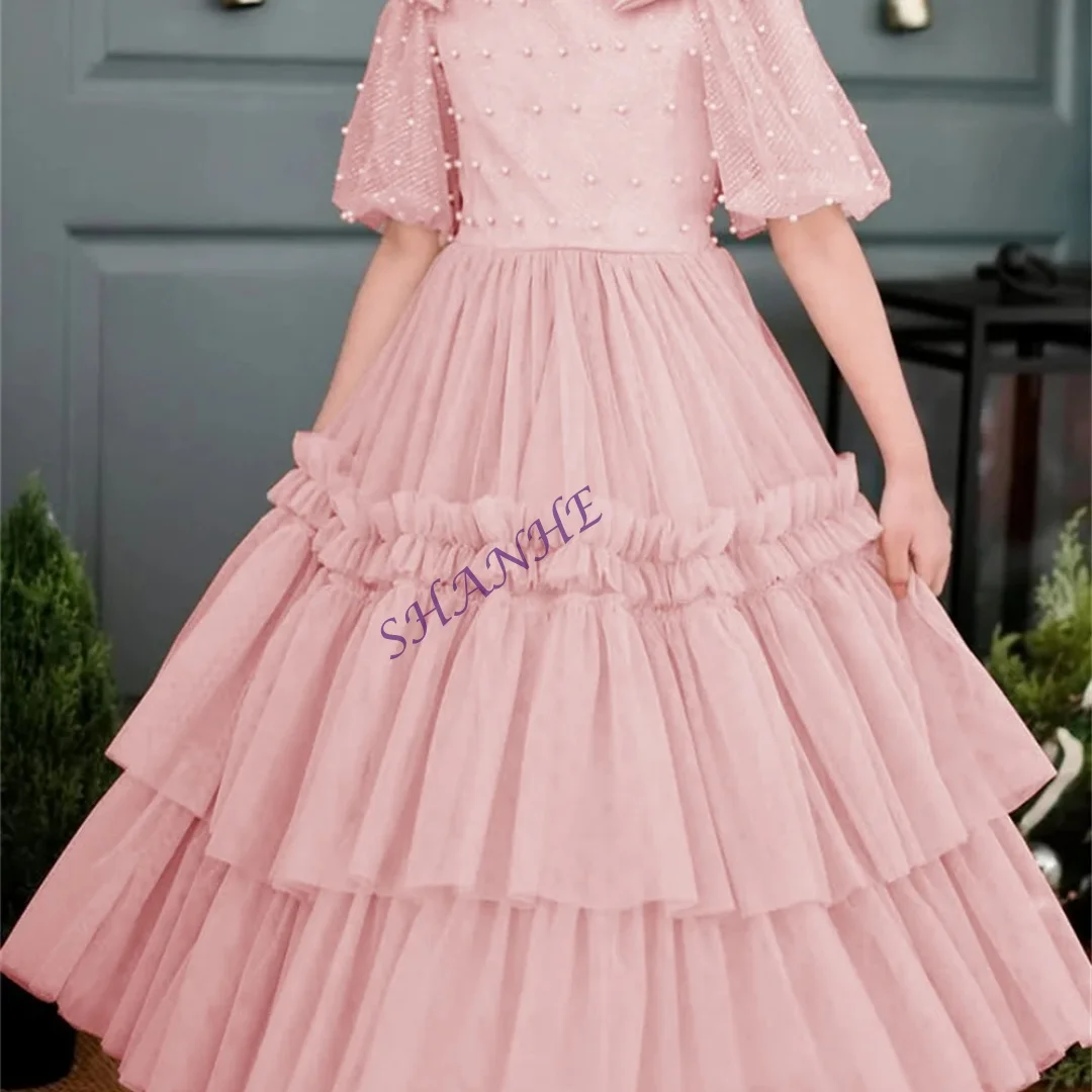 تخصيص الديكور س الرقبة نصف كم أنيقة فاخرة زهرة فتاة فستان الكاحل طول الكرة الطويلة الكلاسيكية ثوب التواصل الأول مخصص #4