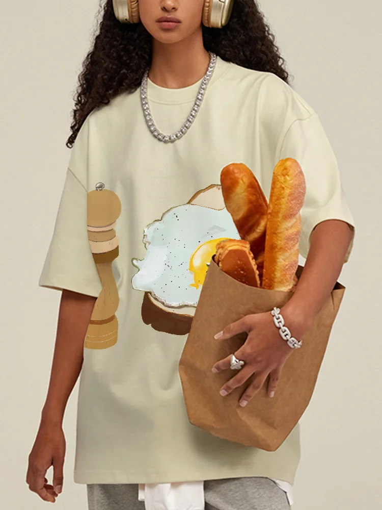 

Artistic Vintage Washed Crew Neck T Shirt with Breakfast Illustration Life Style Fun Design LightweightComfort Fit Daily Wear