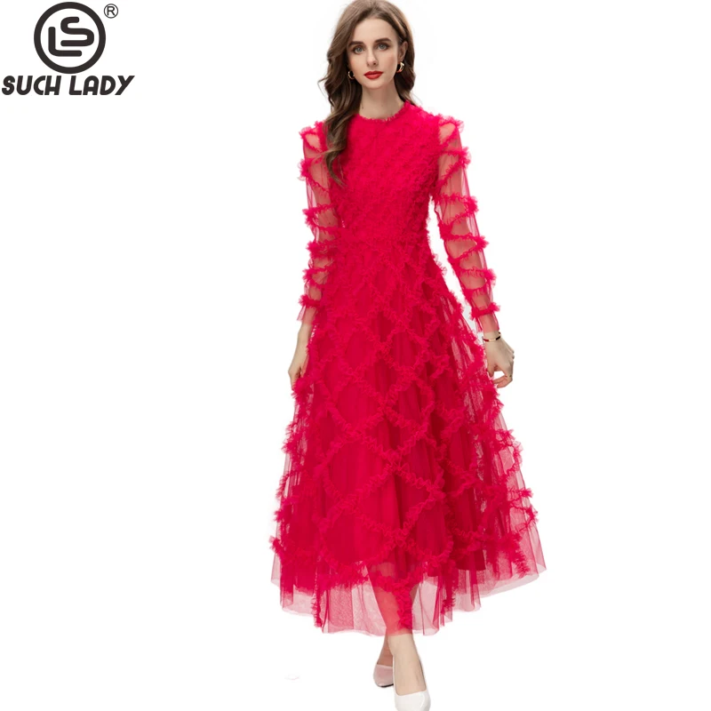 

Women's Runway Dresses O Neck Long Sleeves Mesh Ruffles Plaid High Street Designer Prom Gown Vestidos