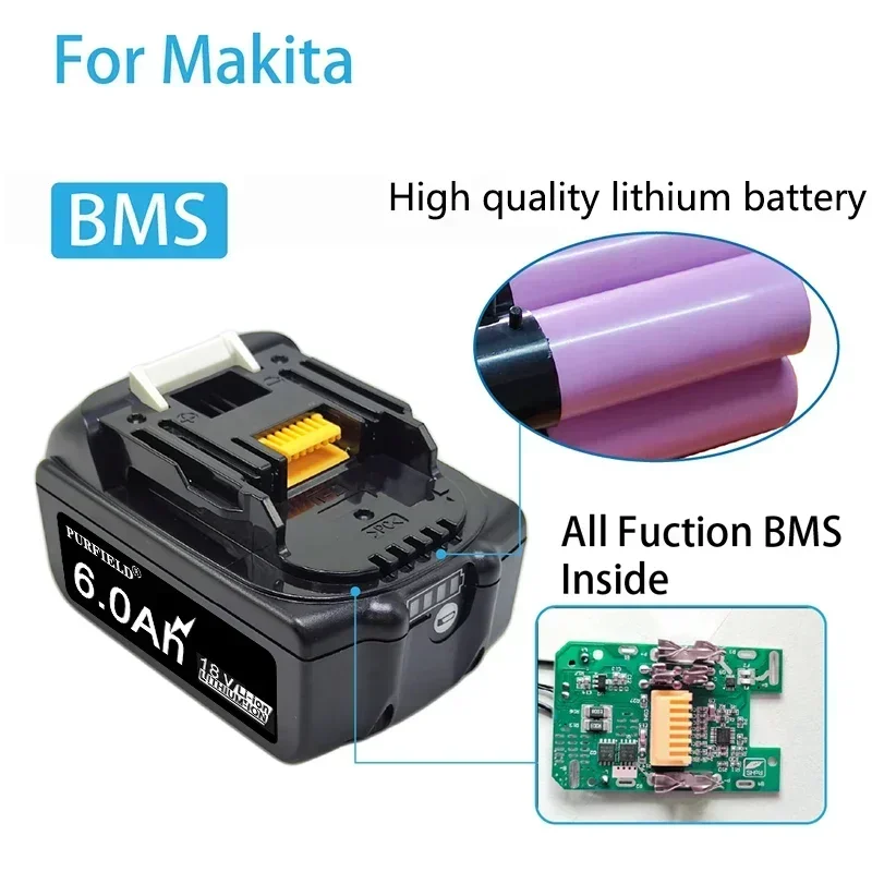 PURFIELD Makita 18V Battery 5.0 6.0Ah Rechargeable Battery 18650 Lithium-ion Cell Suitable For Makita Power Tool BL1860 BL1850