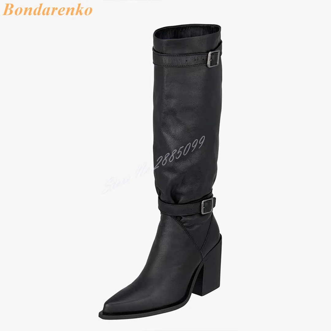 Botas altas no joelho com fivelas para mulheres, saltos volumosos, dedo apontado, couro monocromático, sapatos de passarela, festa casual, estilo sexy, inverno