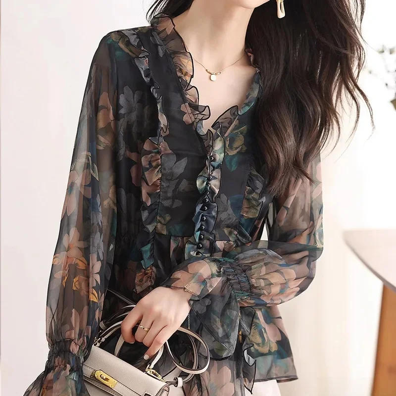 โรแมนติก Ruffles Tops ผู้หญิงเกาหลีสไตล์การออกแบบเสื้อผ้า Flare Sleeve Elegant Office Lady น่ารักริบบิ้นหวาน Basic เสื้อเสื้อ