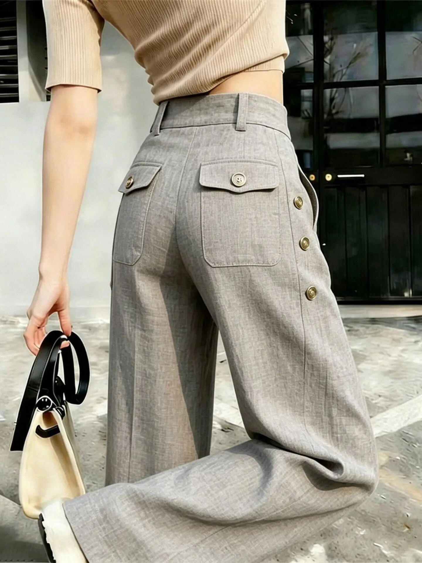 Chic High Waist Straight Leg Pants Women's Light Grey Casual Commute Loose Slimming Large Size Fashionable Summer New Arrival