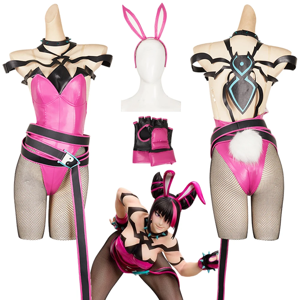 

Han Juri Cosplay Bunny Girl Fighter Game SF 6 Pink Jumpsuit Belt Costume Women Uniform Halloween Carnival Party Role Play Suits