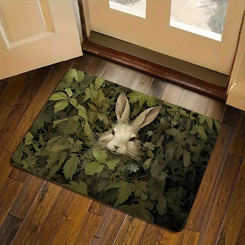 Rabbit Doormat Realistic White Hare in Bushes Rug Non-slip Floor Mat for Entrance Living Room Bedroom Home Decor Carpet