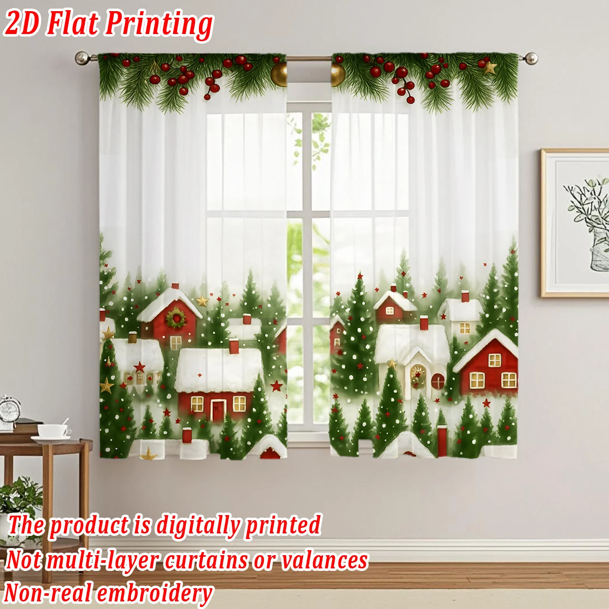Christmas Flat Printing Kitchen Sheer Curtain with Merry Christmas Trees House Snowflake For Christmas Home Decor  Party