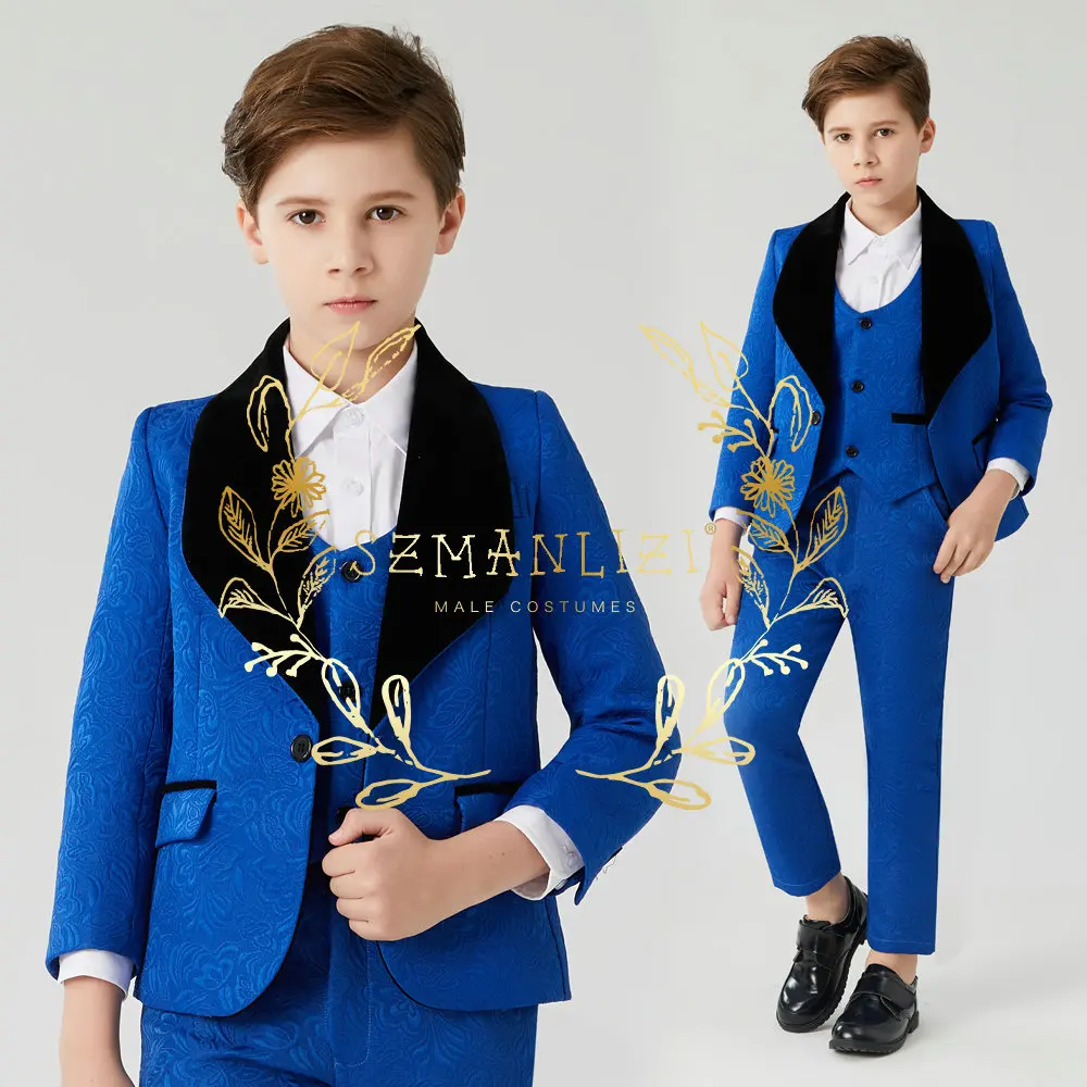 

Royal Blue Jacquard Boy Suit 3 Piece Party Wedding Tuxedo Formal Blazer Pant Suit Child Jacket Trousers blazer niño bebe