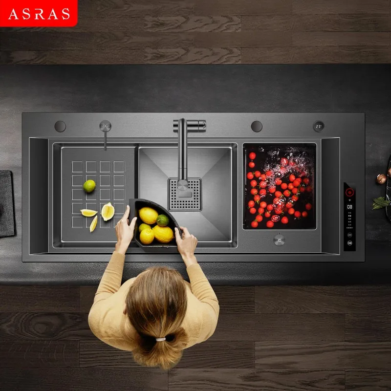 ASRAS Smart Purification Sink Water Catalyst Fruit Vegetable Purifier Stainless Steel Nano Handmade Large Double Kitchen Sink