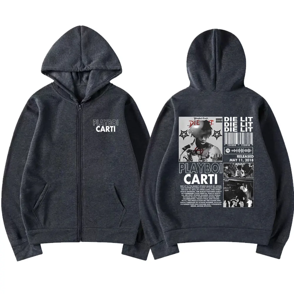 Rapper Playboi Carti Die Lit Graphic Print Zipper Hoodie Male Streetwear Spring Autumn Men Women Hip Hop Oversized Zip Up Jacket