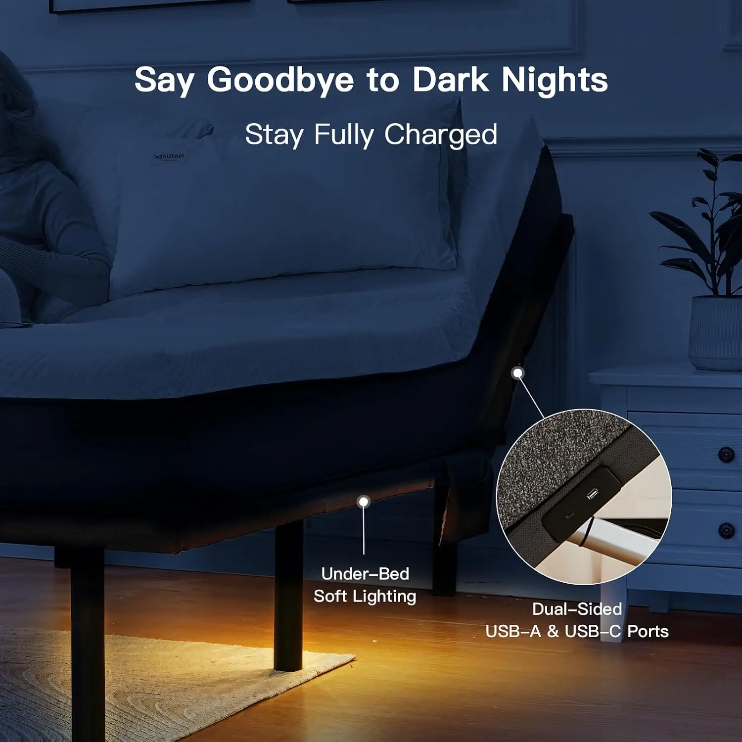 Twin XL Adjustable Bed Frame, Electric Bed Base with Head & Foot Incline, USB-A & USB-C Ports, LED Under-Bed, Customized view 3