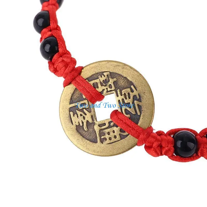 HX6F Adjustable Braided Red String Copper Coin Pendant Bracelet Gift for Couples
