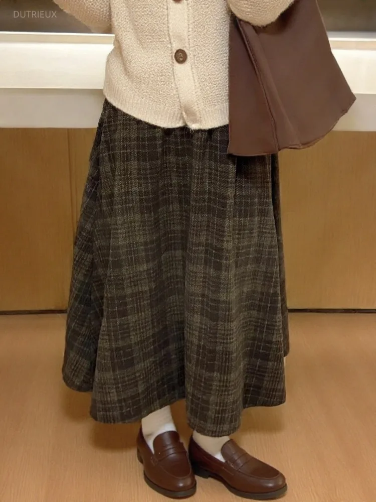 Winter Preppy Vintage Plaid Thick Casual A-LINE Loose All Match Mid-length Knitted Skirts