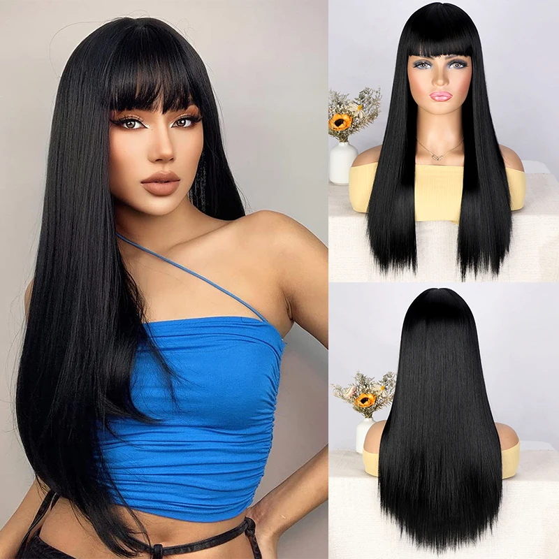 Wig rambut lurus hitam dengan poni Wig lurus alami panjang untuk wanita penggunaan sehari-hari Wig tahan panas sintetis Cosplay Lolita