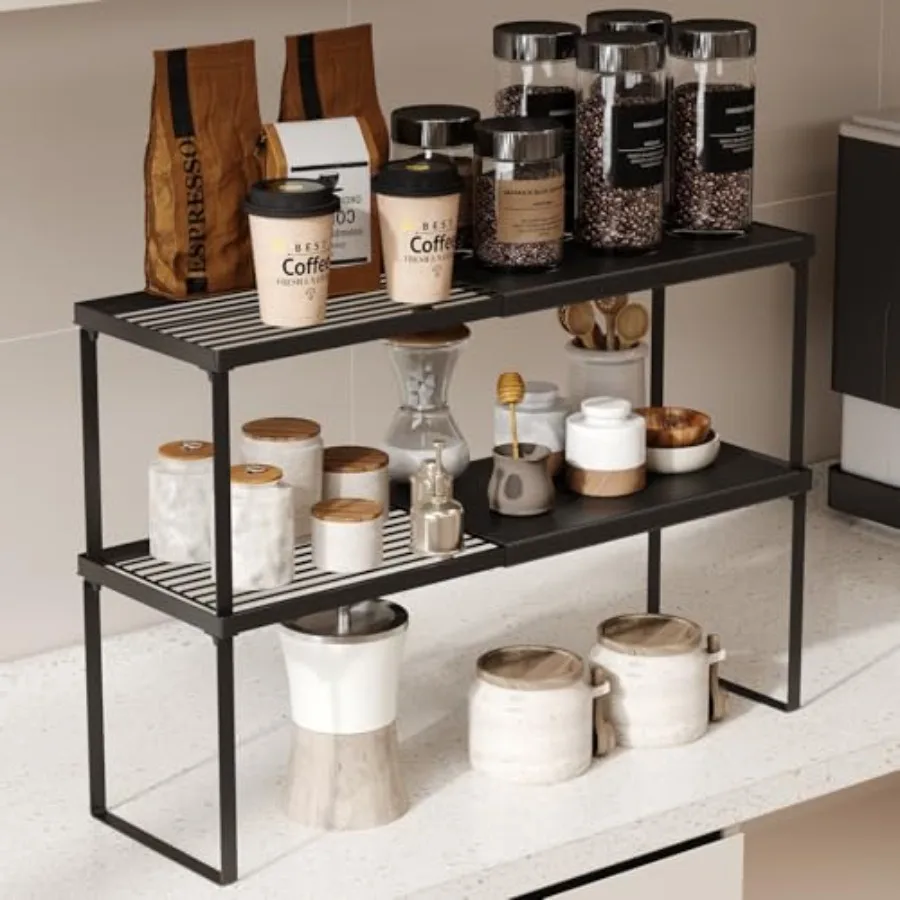 

Expandable Cabinet Shelf Organizer 2 Pack Stackable Kitchen Counter Shelf Riser Metal Spice Rack Adjustable Heavy Duty Countert