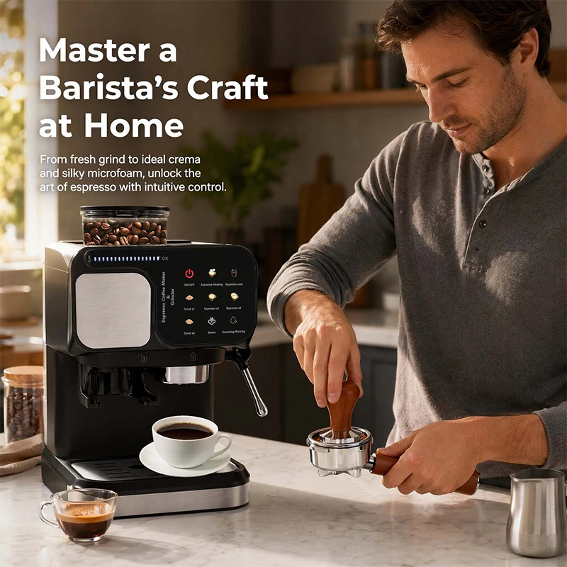 Espresso Machine with Built-in Grinder, Digital Temperature Control, Hot and Cold Extraction, Steam Frother Coffee Machine