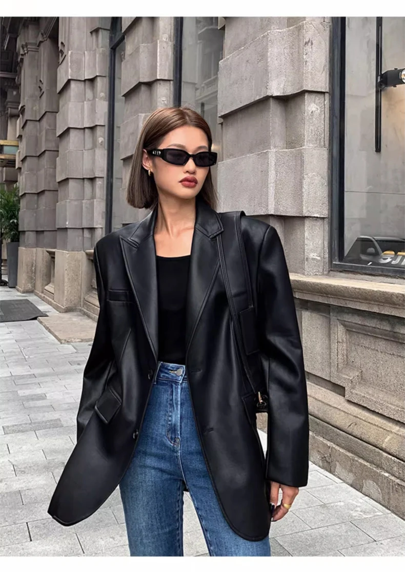 Lautaro Autumn Black Brown Soft  Pu Leather Blazer Women Shoulder Pads Long Sleeve Single Breasted Loose Casual Korean Fashion