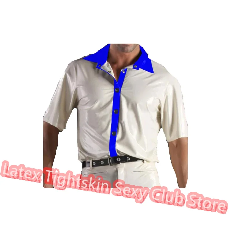 

Handmade Latex Men Sleeveless Shirt Man Sexy Tops Rubber Tank Vest White with Blue Cosplay Costume