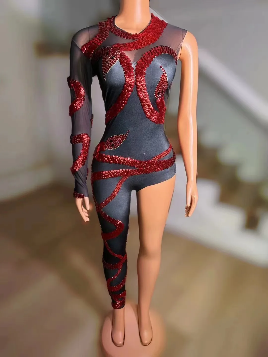 Women Sexy Long Sleeved Stretch Tight Jumpsuit Bar Nightclub Female Singer Red Diamond Sequin Stage Performance Clothing
