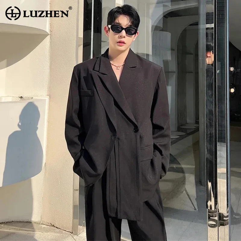 

LUZHEN Korean Stylish Splicing Design Blazer Coat Men's Ribbon Decorate Trendy Street Personality Fake Two Piece 2024 New LZ3367