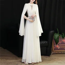 Mulberry Silk Evening Dress Women, High-End Slim Gown, Guzheng Art Test, White Performance, Birthday Party, New, Summer, 2023