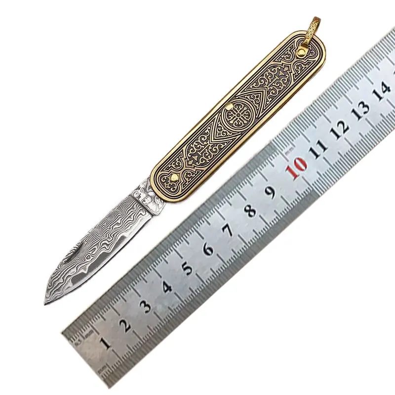 Grave Brass Handle Damascus Steel Unlocking Folding Blade Knife Outdoor Portable Pocket Survival Knife Hand Tools For Camping