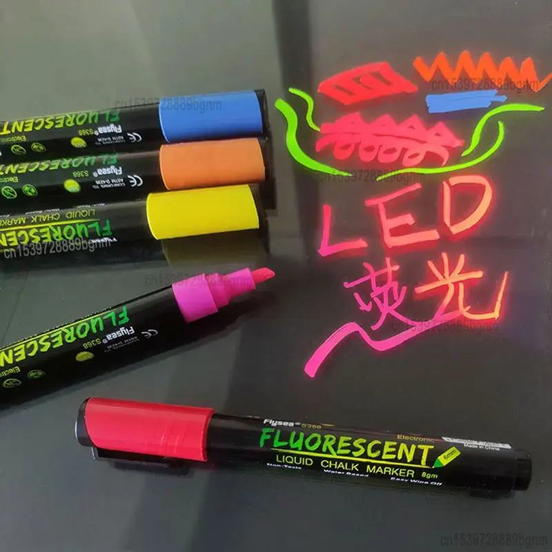 Erasable Fluorescent Liquid Chalk Marker Pen 6mm Oblique Tip Art Graffiti For Glossy Surface LED Light Board Glass Blackboard