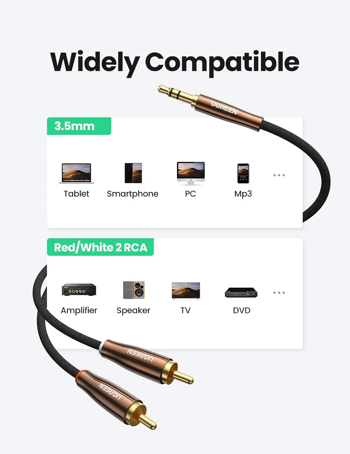 Male 3.5mm to RCA Gold Plated 4K Stereo Audio Adapter Braided Hi-Fi Sound Y Splitter Metal Shell Shielded Aux Cord 6.6FT