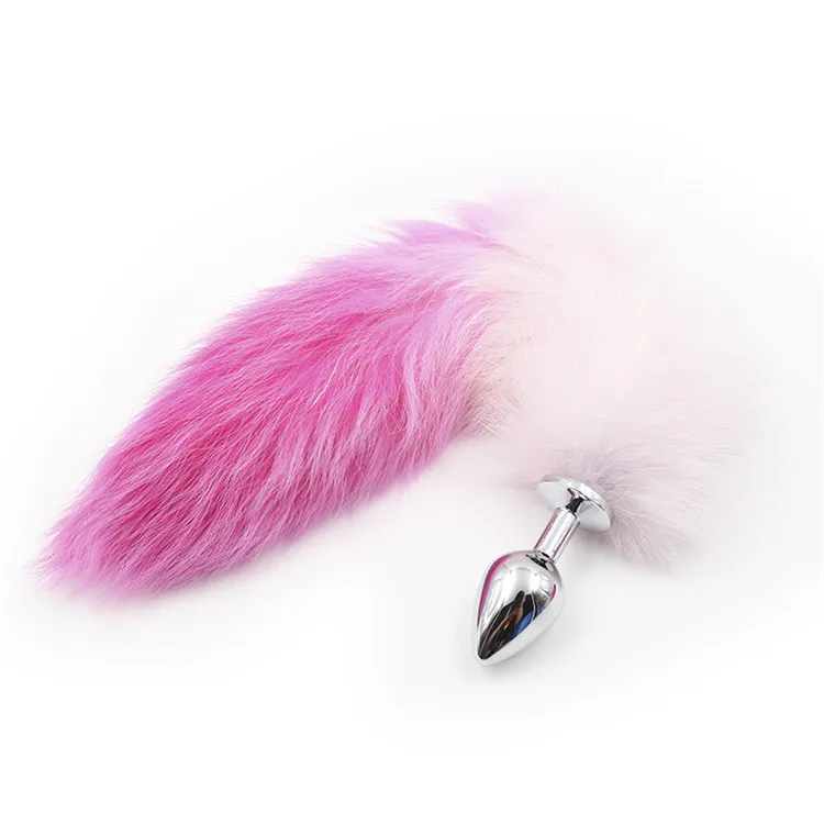 spot color gradient artificial hair anal plug tail purple pink sex toys metal couple fox tail.