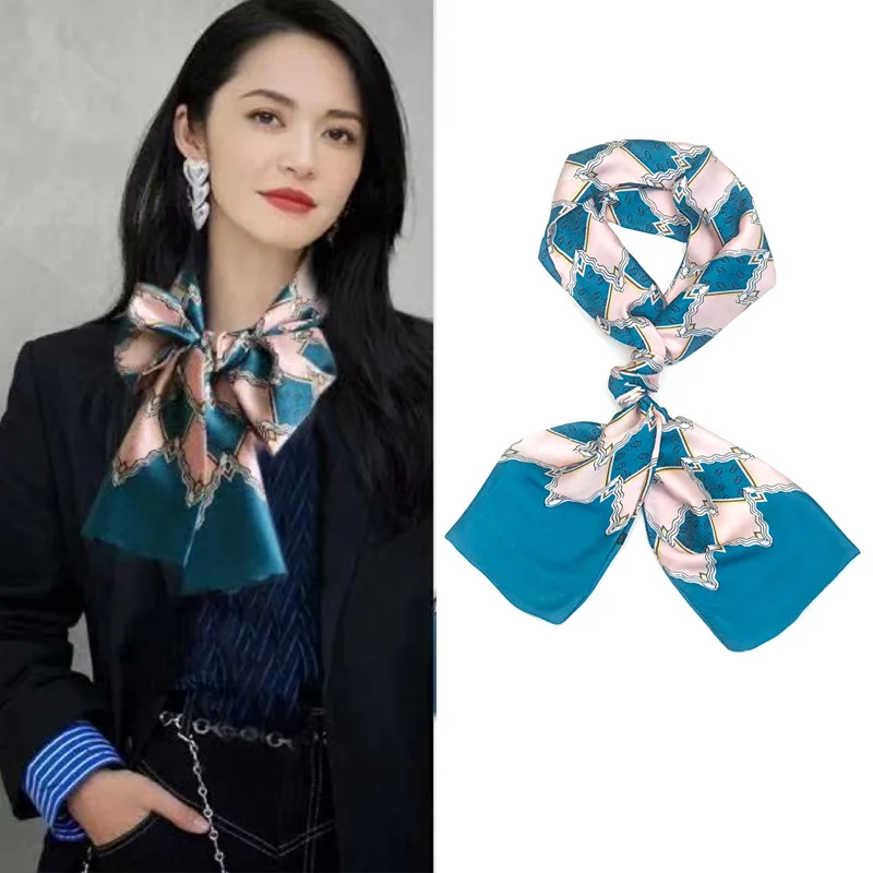 New Narrow Women Silk Scarves Puffer Ribbon Hair Accessories Tie Bags 145x13cm Neck Scarf Printed Simulation Long Silk Scarf