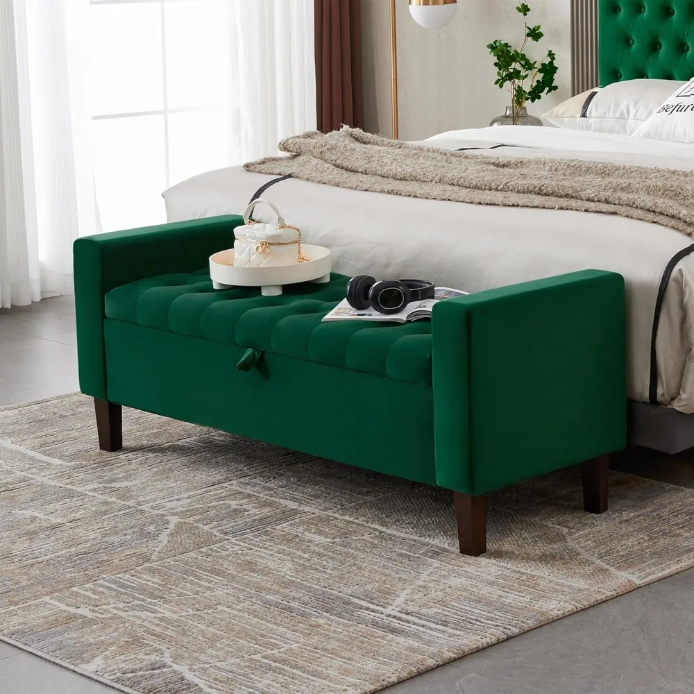 

End of Bed Storage Bench for Bedroom, Tufted Upholstered Bench for Bedroom End of Bed with Solid Wood Legs