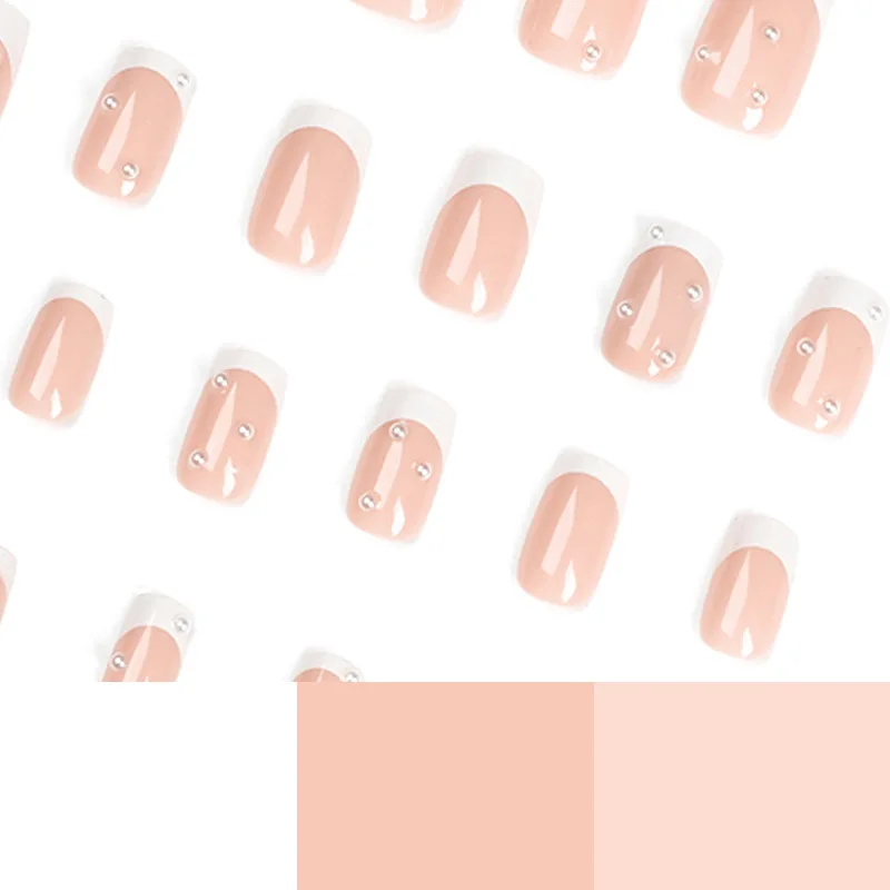 24 Uds. Parches cortos de perlas francesas para uñas, uso sencillo, borde blanco, polvo desnudo, perla, uñas postizas artísticas ﻿