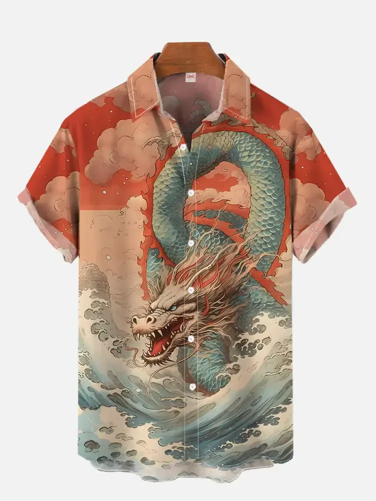 Men Summer Lapel Short Sleeve Hawaiian Shirt Casual Versatile Beach Tops, Oriental Dragon Wave Ukiyo-e Print