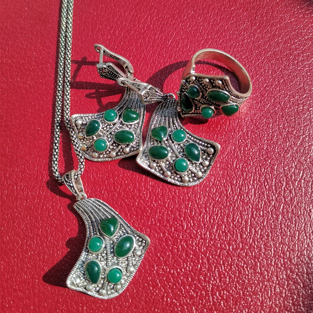 Ajojewel Unique Geometric Jewelry Ladies Set With Green Stone  Antique Silver Color Earrings and Necklace Ring Size 8 9