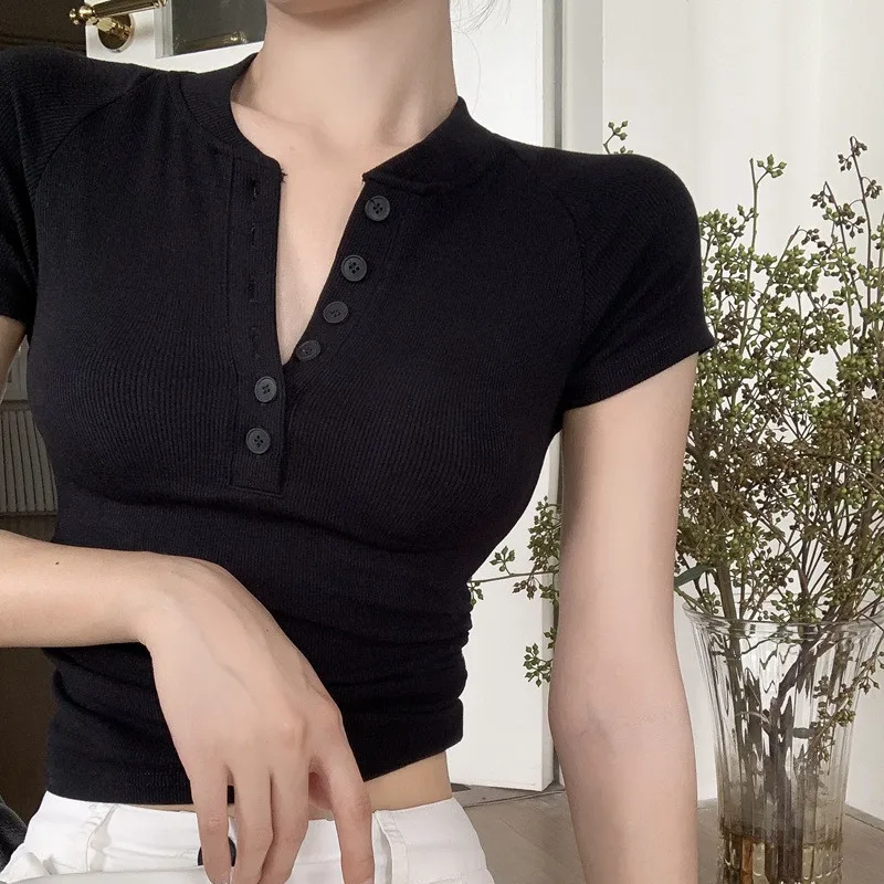 Summer V-neck women's t-shirts y2k kpop gothic harajuku vintage Crop Tops funny Buttons Sexy Korean Fashion cheap clothes Woman