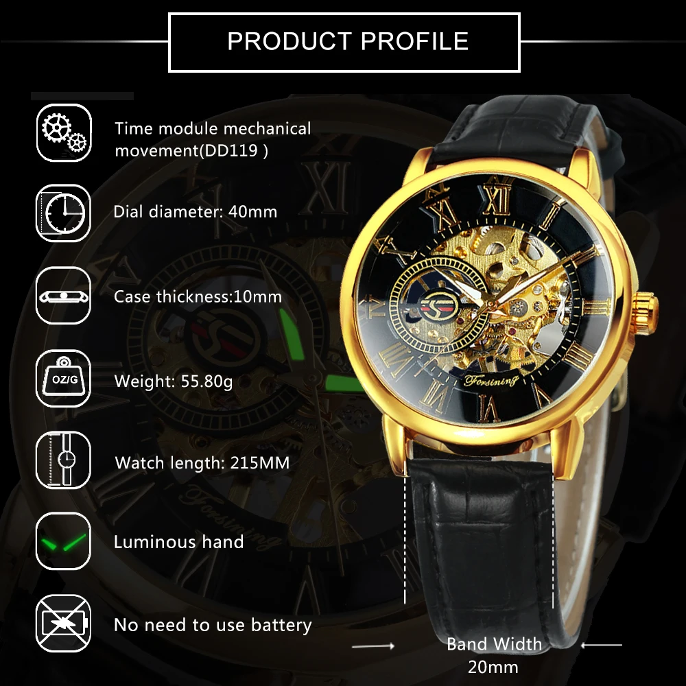 Classic Transparent Skeleton Mechanical Watch for Men Luminous Hands Luxury Brand Retro Mens Watches Leather Strap Forsining