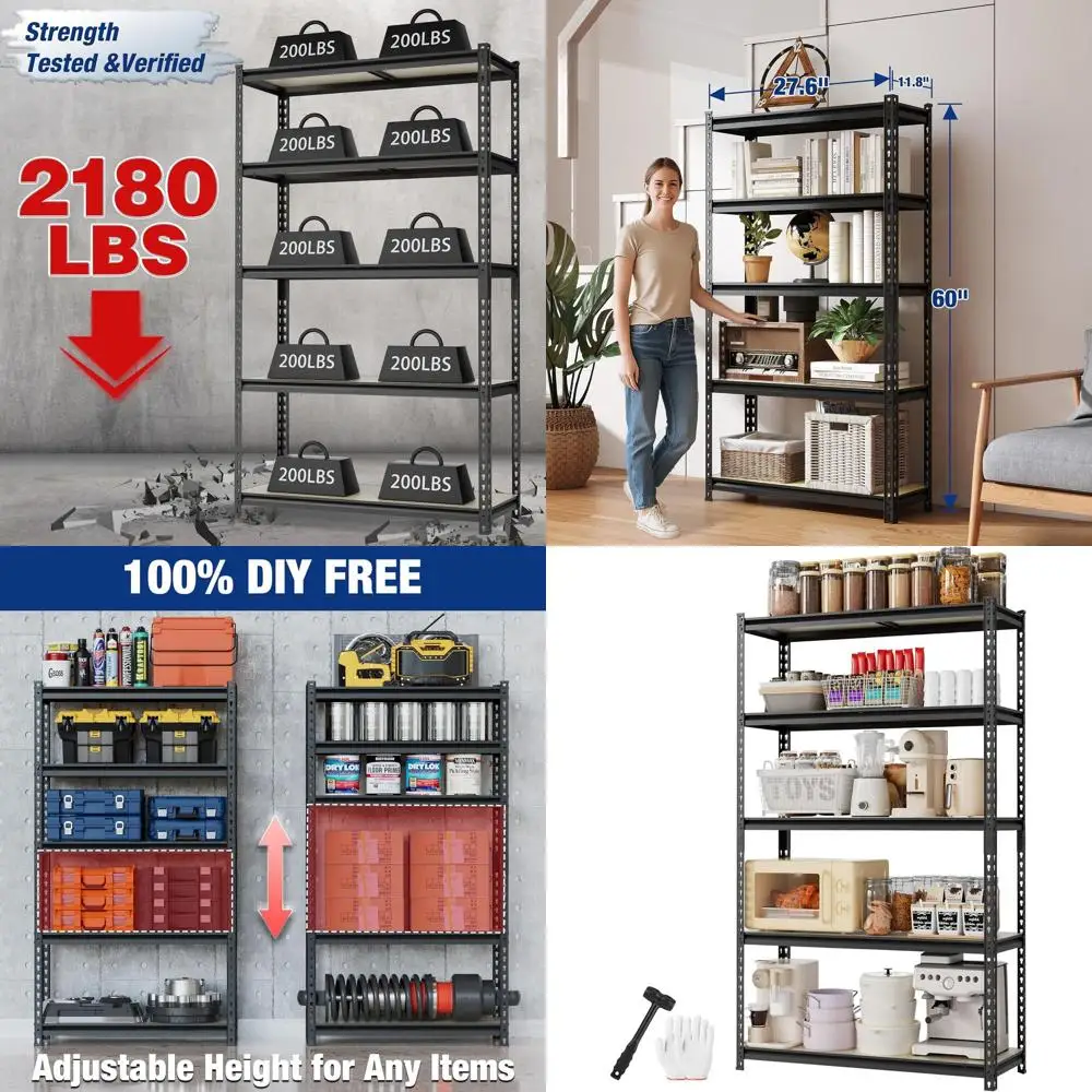 

Heavy-Duty Adjustable 5-Tier Shelving, 72 High, 2180LBS Capacity, for Home Storage, 27.6Wx11.8Dx60H, Black