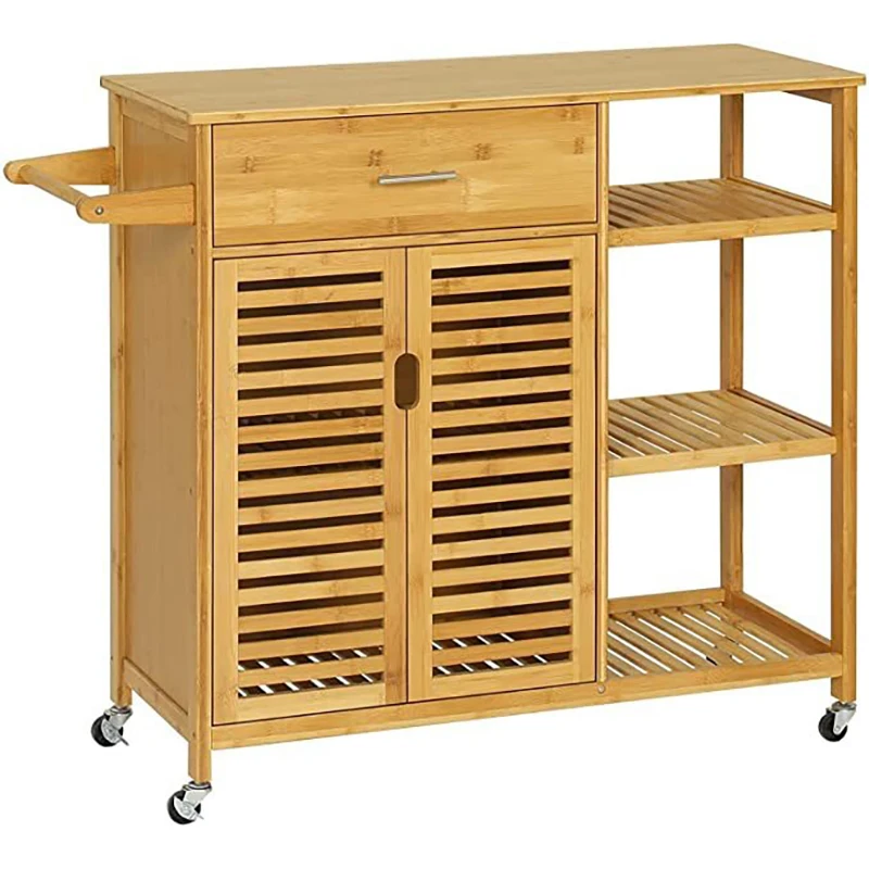 

Natural Kitchen Island on Wheels with Storage Cabinet Drawers, Rolling Cart 3 Open Shelves Towel Bar Lockable
