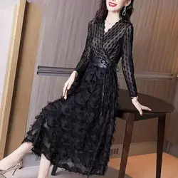 Sexy V-Neck Lace Elegant Midi Dress Female Clothing A-Line Waist Stylish Flocking Spring Autumn Patchwork Drawstring Bow Dresses