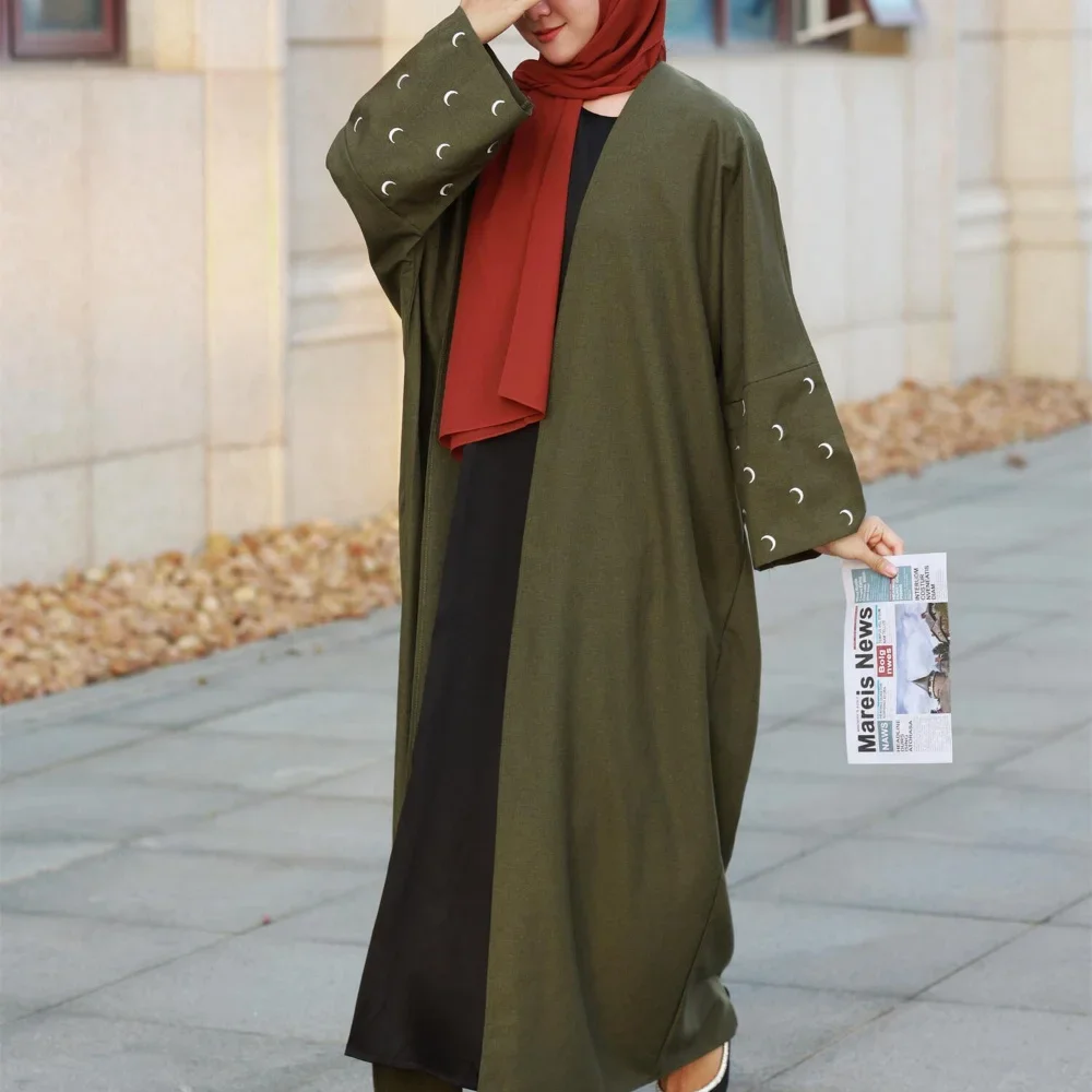 

Moon Embroidery Open Front Abaya Muslim Maxi Dresses full sleeve loose Turkey Kaftans Women Jilbabs Islamic Arabian Abayas
