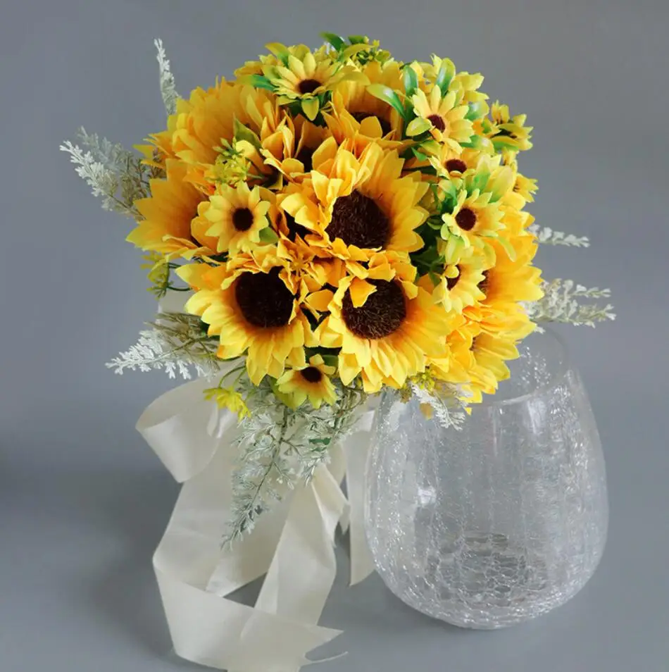 Beautiful  Waterfull Sunflower Bouquet High Quality Silk Flower Artificial Flowers bridal Decoration Fake Flower Wedding Bouquet