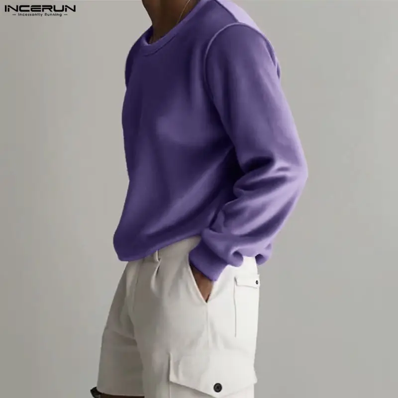 

INCERUN Men T Shirt Solid Color Velour O-neck Long Sleeve Male Tee Tops Streetwear Loose 2025 Fashion Casual Men Clothing S-5XL