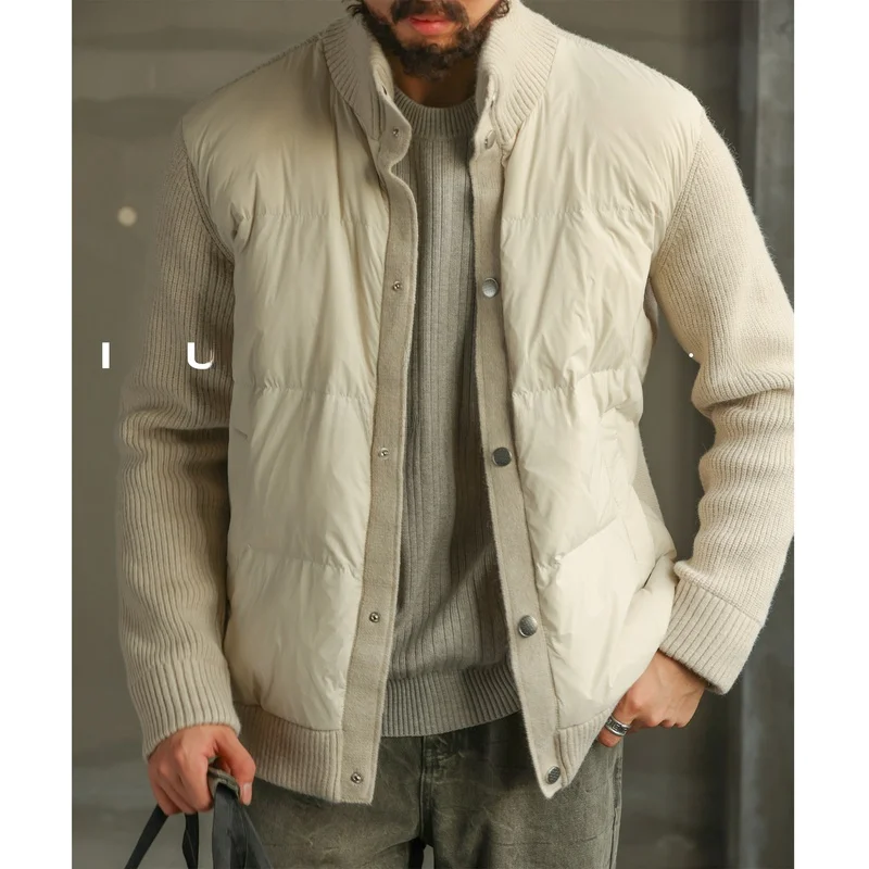 

Легкая повседневная вязаная куртка с пуховым наполнителем, воротником-стойкой, теплая мужская верхняя одежда, современный стиль, нейлоновая ткань, 3D-стереодизайн