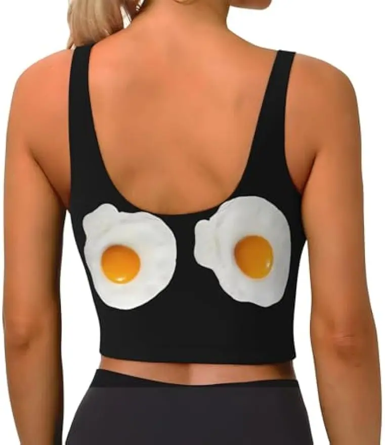 Fried Eggs Food Pattern Women Scoop Neck Sports Bras Removable Pads Yoga Outfit Gym U Back Exercise Tank Tops Sleeveless