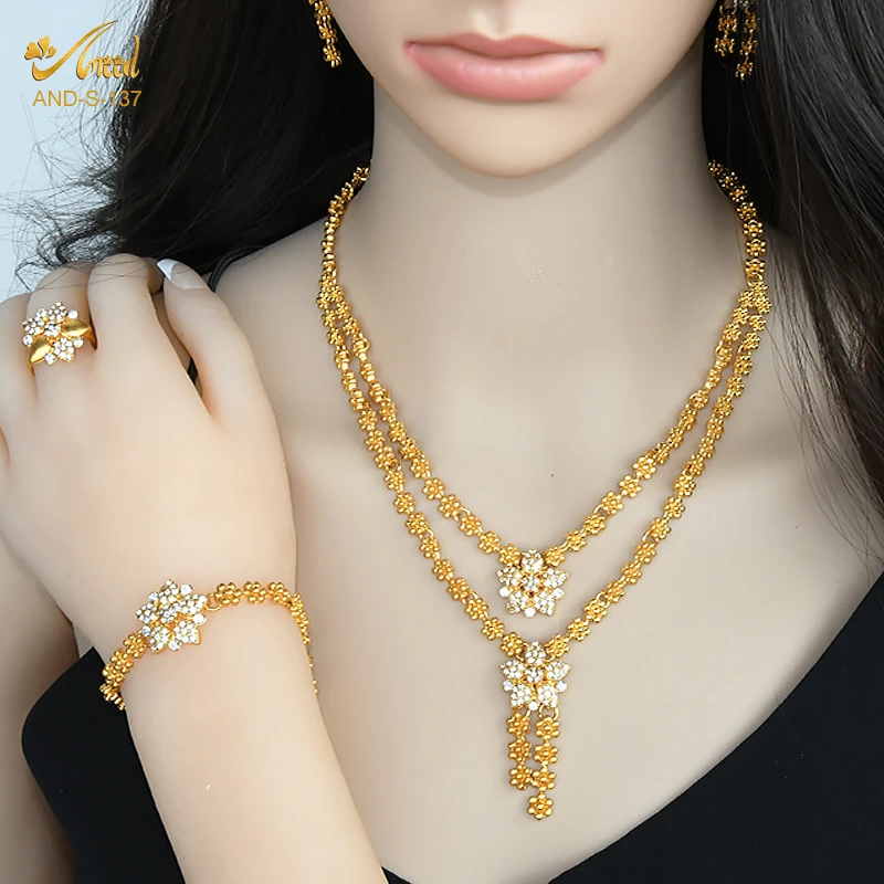 Nigerian Bride Jewelry Set Crystal Necklace Earring Bracelet Sets Dubai African Wedding Luxury Jewellery Ladies Accessories