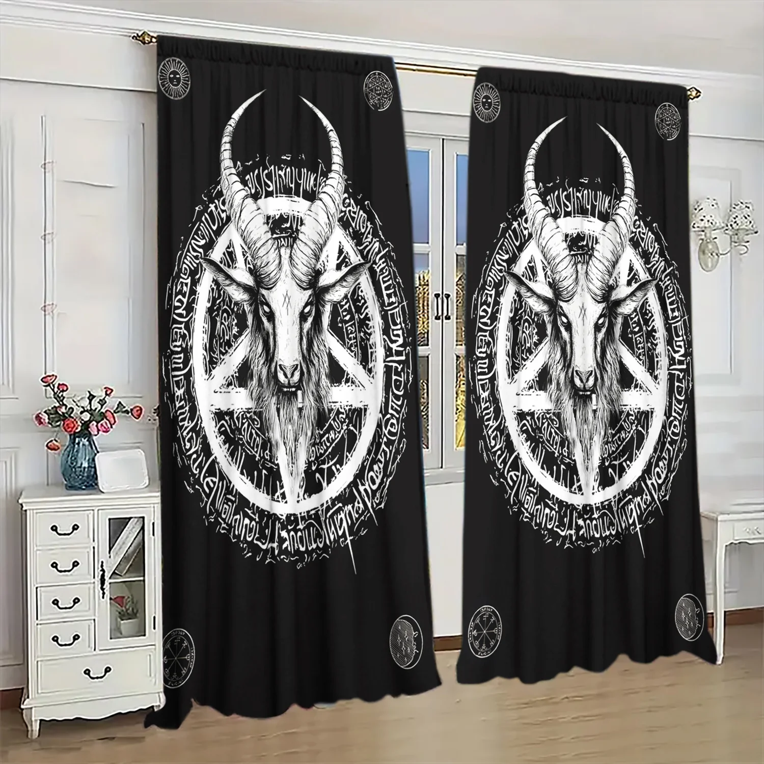2PCS Black Goat Head Sheer Curtains – Light Filtering, Rod Pocket Polyester for Living Room Bedroom Decor